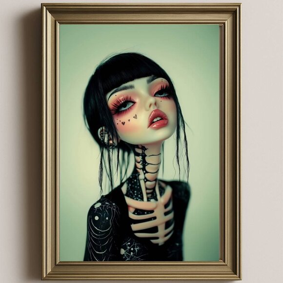 8.5x11 Goth Girl Skeleton Art Print | Surreal Dark Doll Portrait with Black Hair - Picture 1 of 5